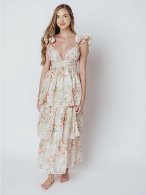 Storia Cream Maxi Dress with Pink Floral Print